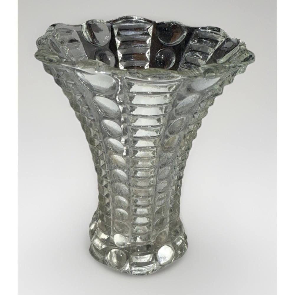 Vintage Clear Pressed Glass Thumbprint Diamond Point Scalloped Flared Vase